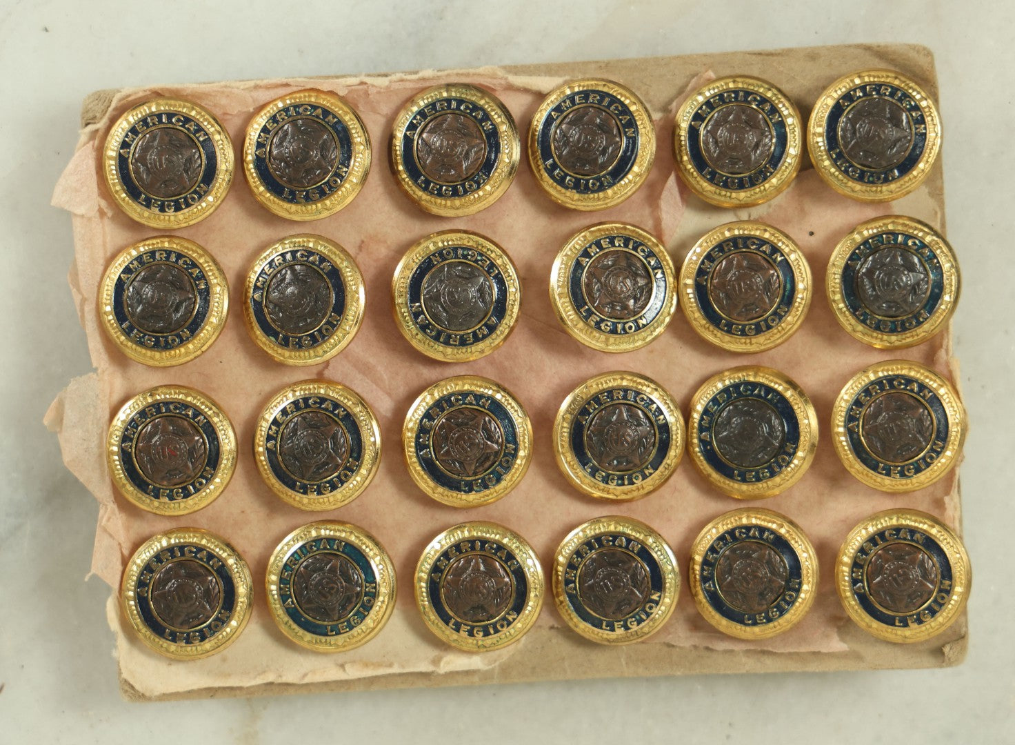 Lot 051 - Grouping Of 24 Vintage American Legion Brass Buttons, With Star Crest, United States, On Card, As Found