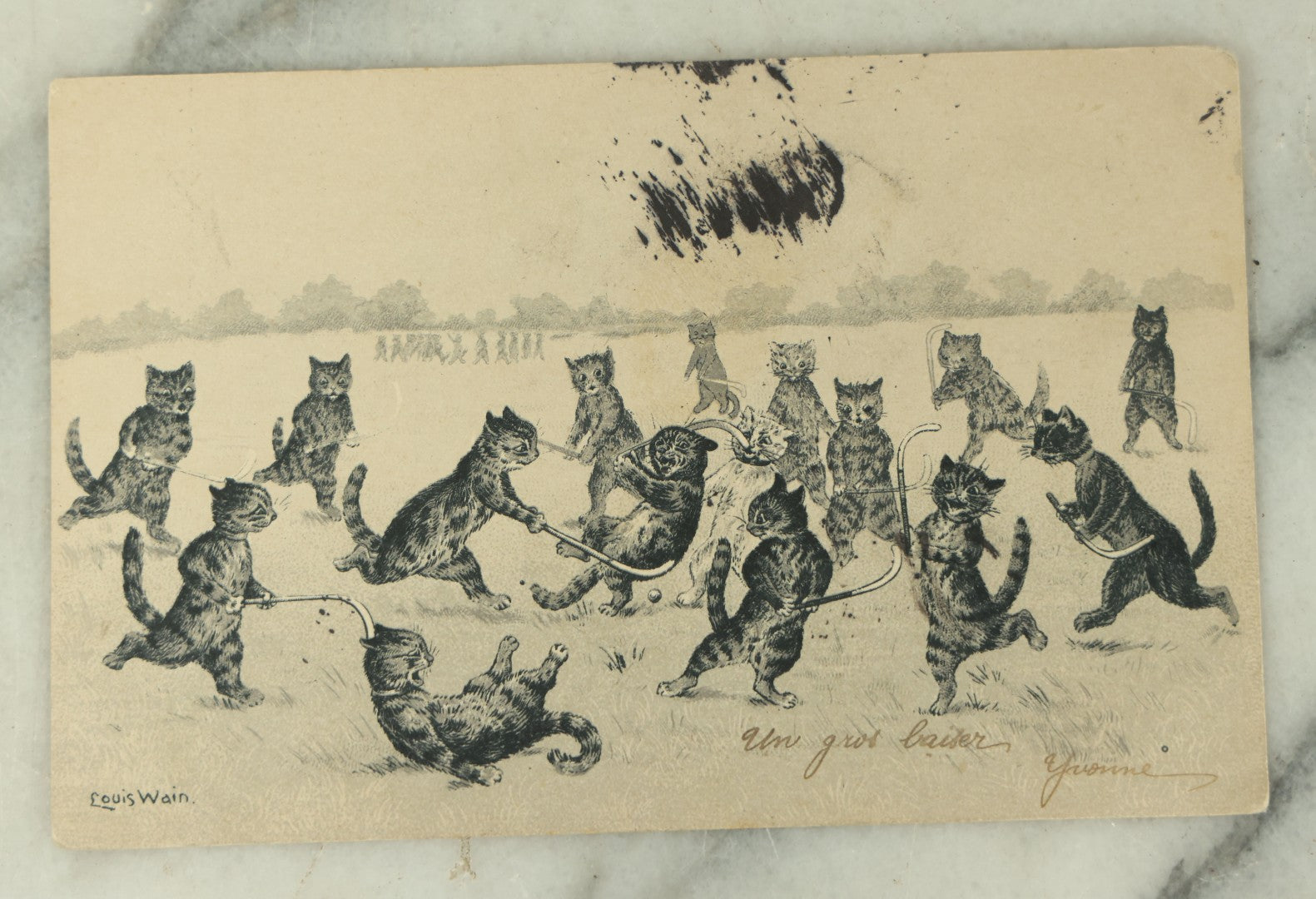 Lot 083 - Single Antique Cat Postcard, Kittens Playing Field Hockey, Illustrated By Louis Wain