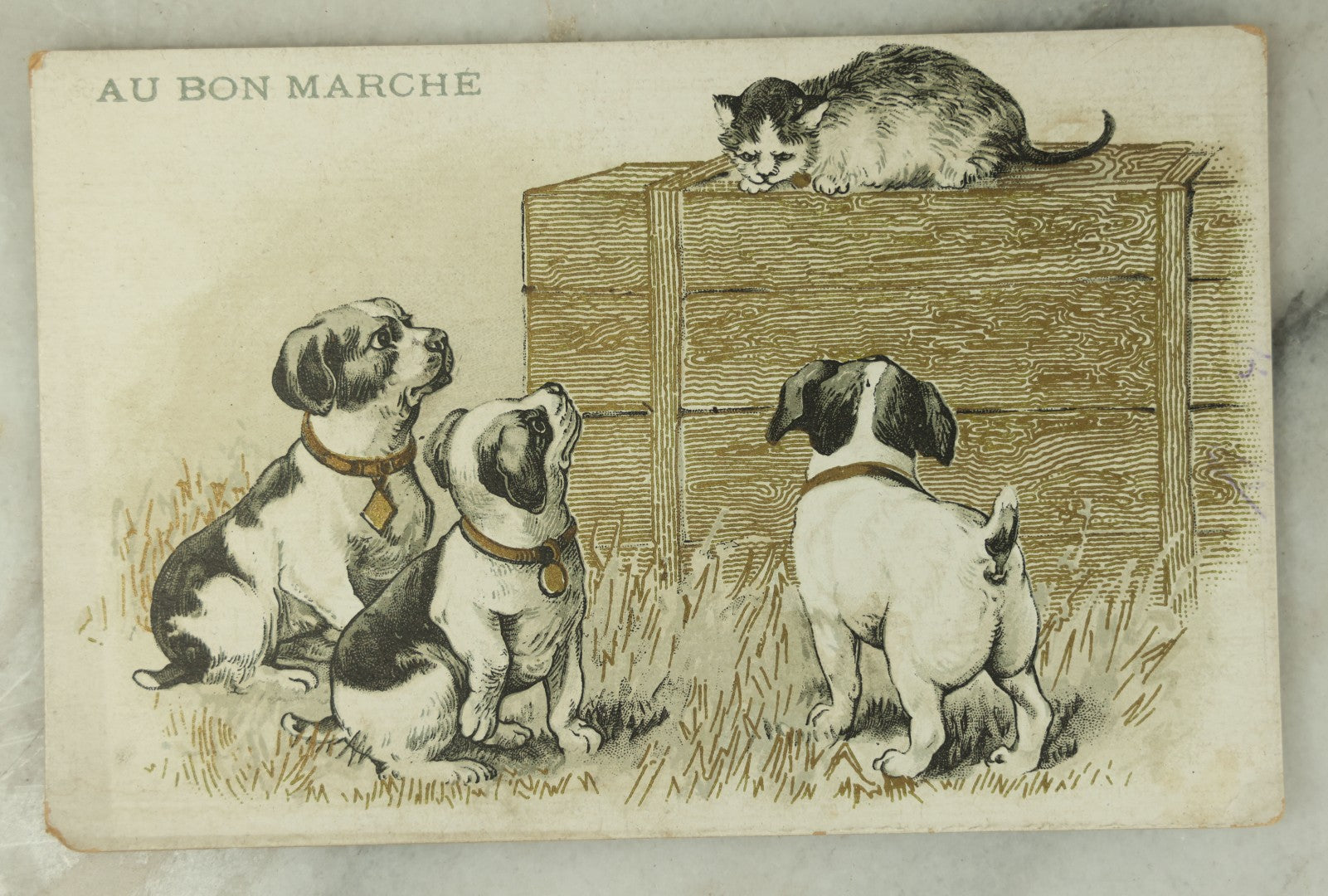 Lot 087 - Pair Of Antique French Trade Cards For Au Bon Marché," One Of The First Department Stores In Paris, With Lithographed Cats And Dogs