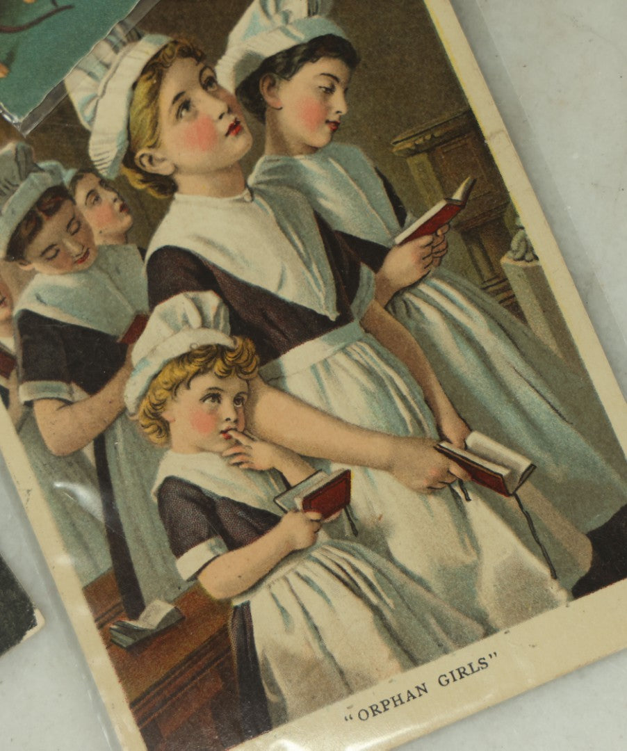 Lot 089 - Grouping Of Eleven Vintage And Antique Postcards And Trade Cards, Including Trade Card With Insect, Orphan Girls, Illustrated Nudist Comic Postcards, And More