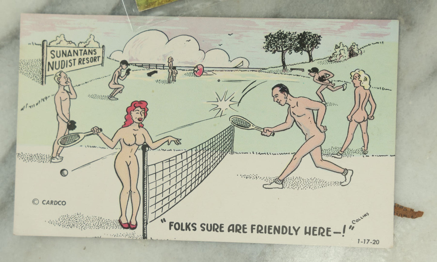 Lot 089 - Grouping Of Eleven Vintage And Antique Postcards And Trade Cards, Including Trade Card With Insect, Orphan Girls, Illustrated Nudist Comic Postcards, And More