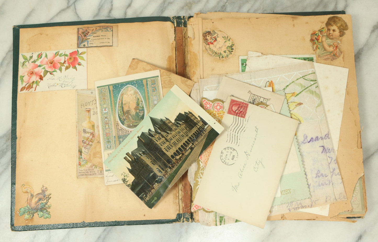 Lot 091 - Antique Victorian Scrapbook Album Featuring Many Lithographed Trade Cards, With Green Cover With Chinese Motif, As Found, Note Wear And Tear