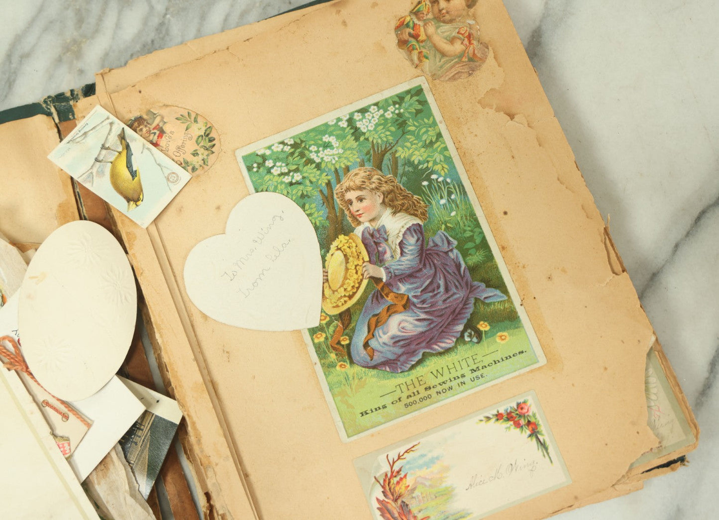 Lot 091 - Antique Victorian Scrapbook Album Featuring Many Lithographed Trade Cards, With Green Cover With Chinese Motif, As Found, Note Wear And Tear
