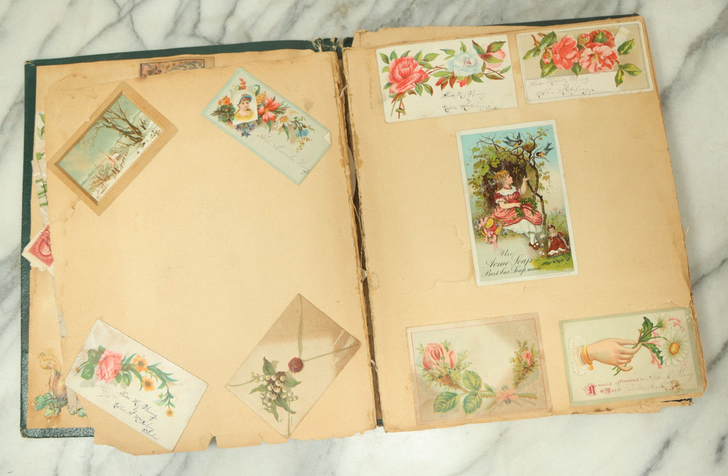Lot 091 - Antique Victorian Scrapbook Album Featuring Many Lithographed Trade Cards, With Green Cover With Chinese Motif, As Found, Note Wear And Tear