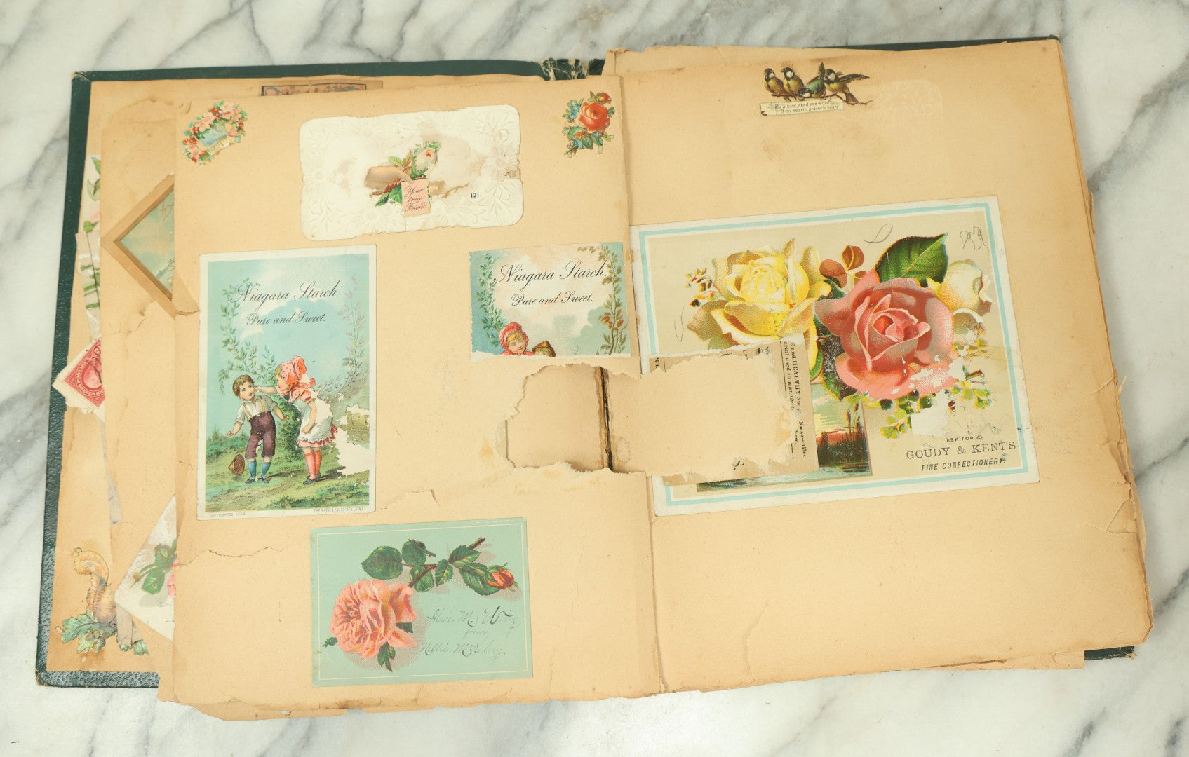 Lot 091 - Antique Victorian Scrapbook Album Featuring Many Lithographed Trade Cards, With Green Cover With Chinese Motif, As Found, Note Wear And Tear