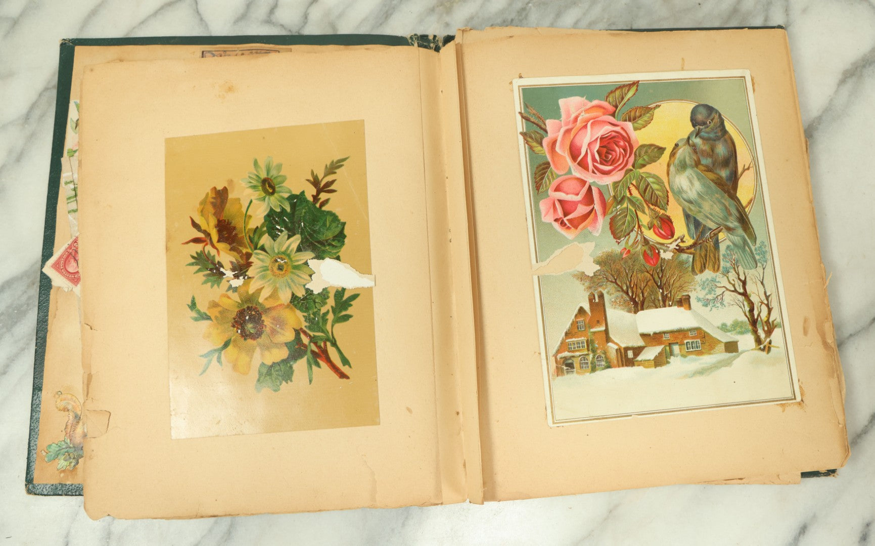 Lot 091 - Antique Victorian Scrapbook Album Featuring Many Lithographed Trade Cards, With Green Cover With Chinese Motif, As Found, Note Wear And Tear