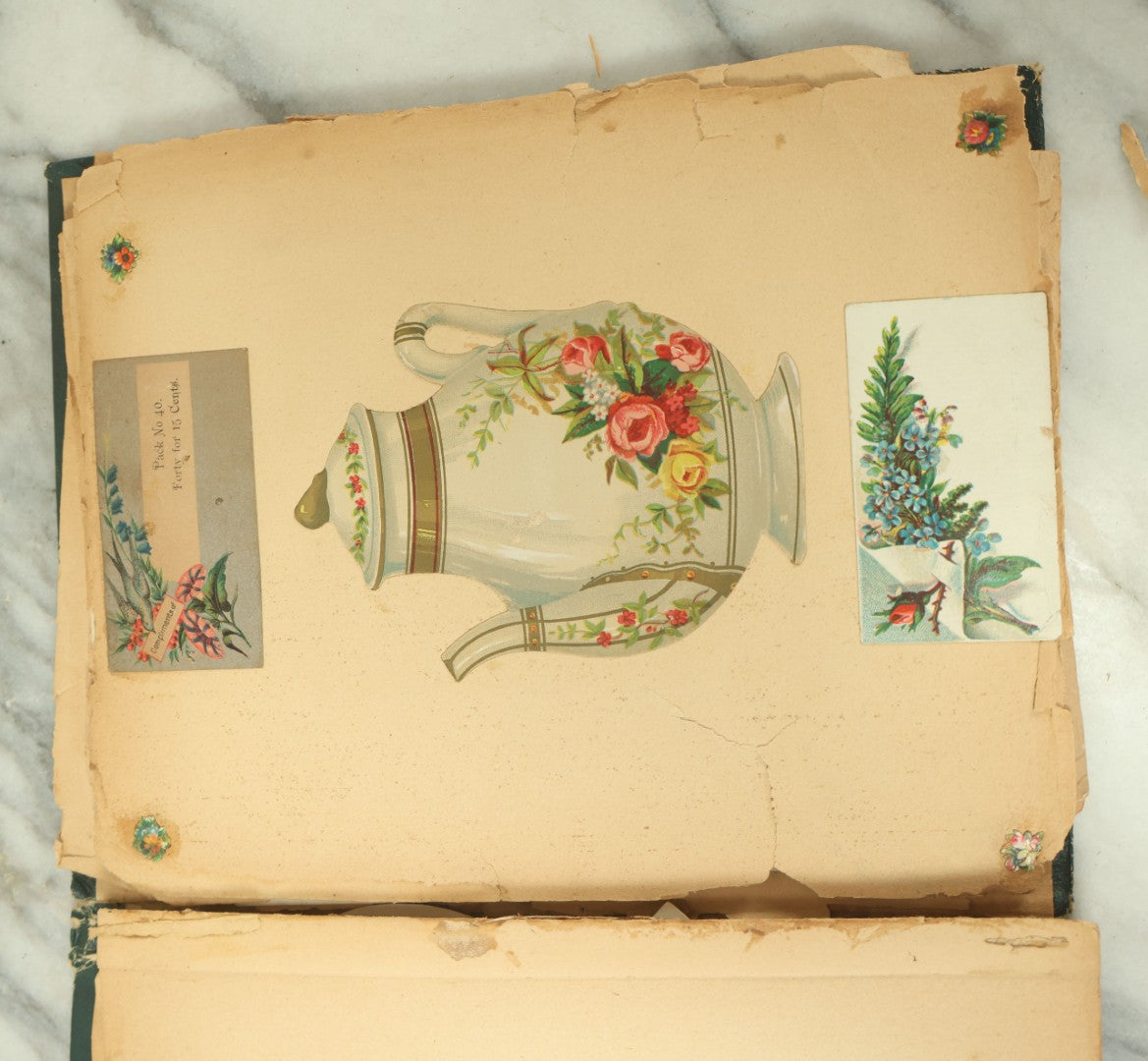 Lot 091 - Antique Victorian Scrapbook Album Featuring Many Lithographed Trade Cards, With Green Cover With Chinese Motif, As Found, Note Wear And Tear