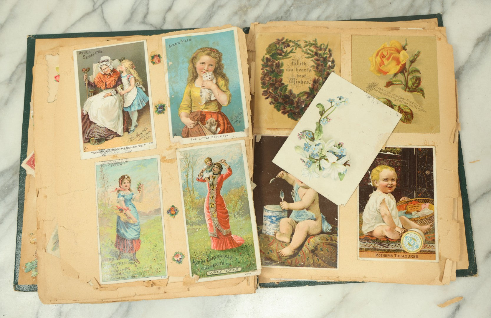 Lot 091 - Antique Victorian Scrapbook Album Featuring Many Lithographed Trade Cards, With Green Cover With Chinese Motif, As Found, Note Wear And Tear