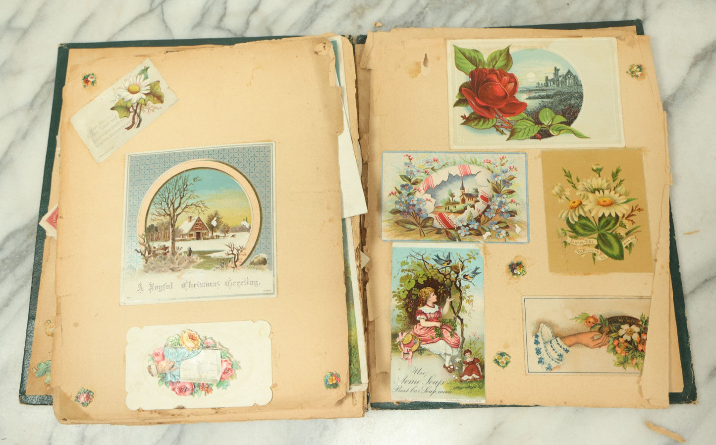 Lot 091 - Antique Victorian Scrapbook Album Featuring Many Lithographed Trade Cards, With Green Cover With Chinese Motif, As Found, Note Wear And Tear
