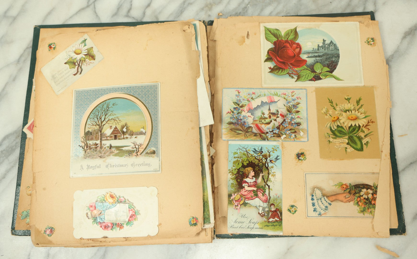 Lot 091 - Antique Victorian Scrapbook Album Featuring Many Lithographed Trade Cards, With Green Cover With Chinese Motif, As Found, Note Wear And Tear