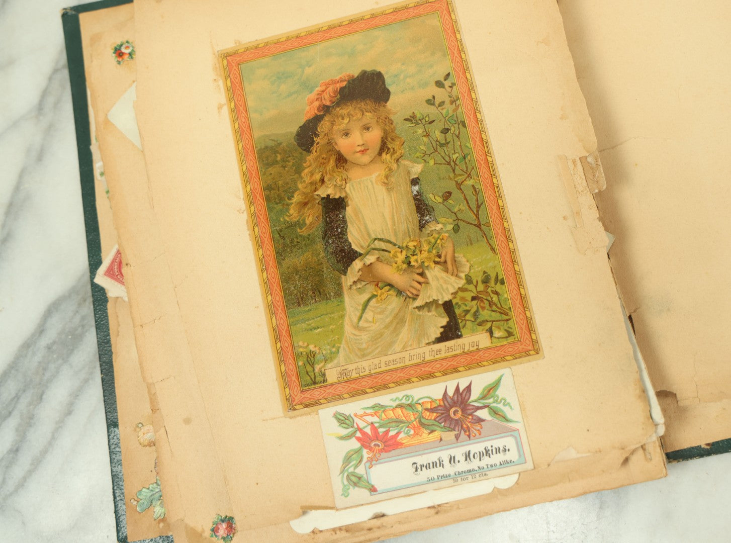 Lot 091 - Antique Victorian Scrapbook Album Featuring Many Lithographed Trade Cards, With Green Cover With Chinese Motif, As Found, Note Wear And Tear