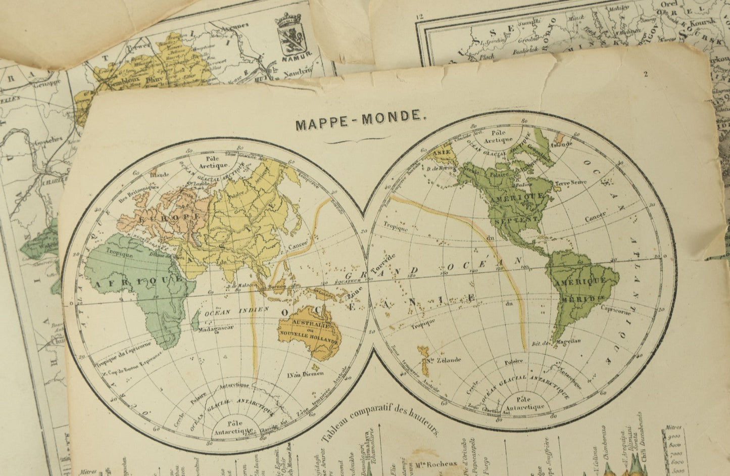 Lot 096 - Grouping Of 10+ Pages From An Antique French Atlas, Including A Diagram Of The Solar System, Maps Of Europe, The America's, Etc.