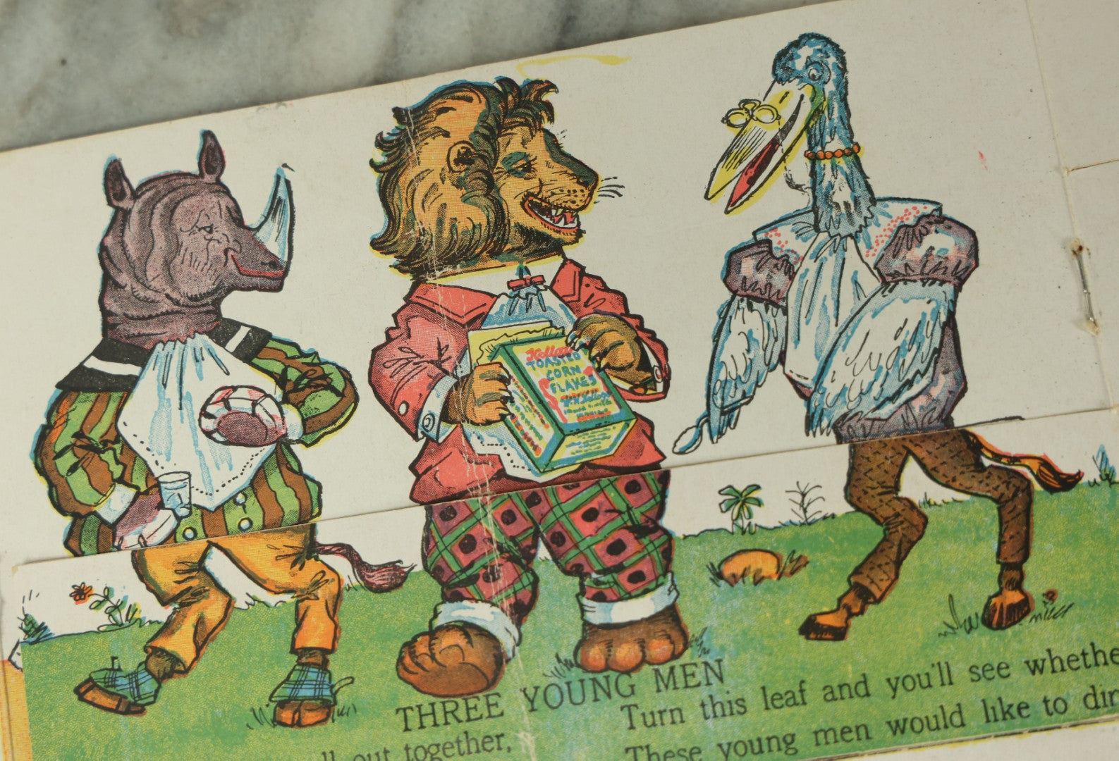 Lot 097 - Antique Kellogg's Cereal Advertising Book, "Funny Jungleland Moving Pictures" With Anthropomorphic Animals, Pages Flip To Mix And Match Heads, Outfits, Bodies, Copyright 1909 By W.K. Kellogg, Battle Creek, Michigan