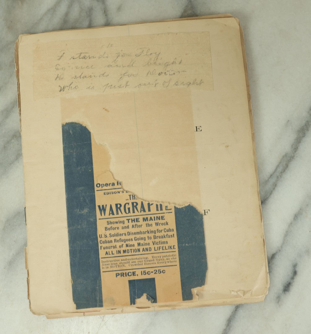Lot 098 - Antique Victorian Scrapbook With Unique Pieces Including Letters, Theater And Event Programs, A Small Wire Doll, Flora, And More, As Found
