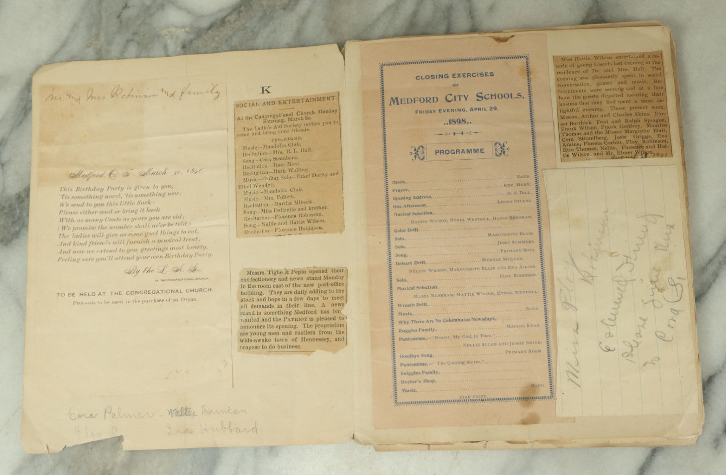 Lot 098 - Antique Victorian Scrapbook With Unique Pieces Including Letters, Theater And Event Programs, A Small Wire Doll, Flora, And More, As Found