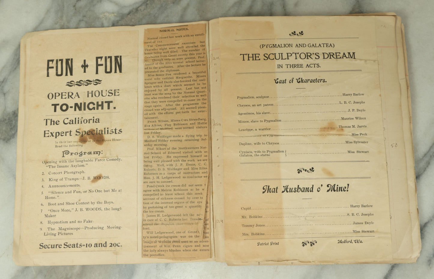 Lot 098 - Antique Victorian Scrapbook With Unique Pieces Including Letters, Theater And Event Programs, A Small Wire Doll, Flora, And More, As Found