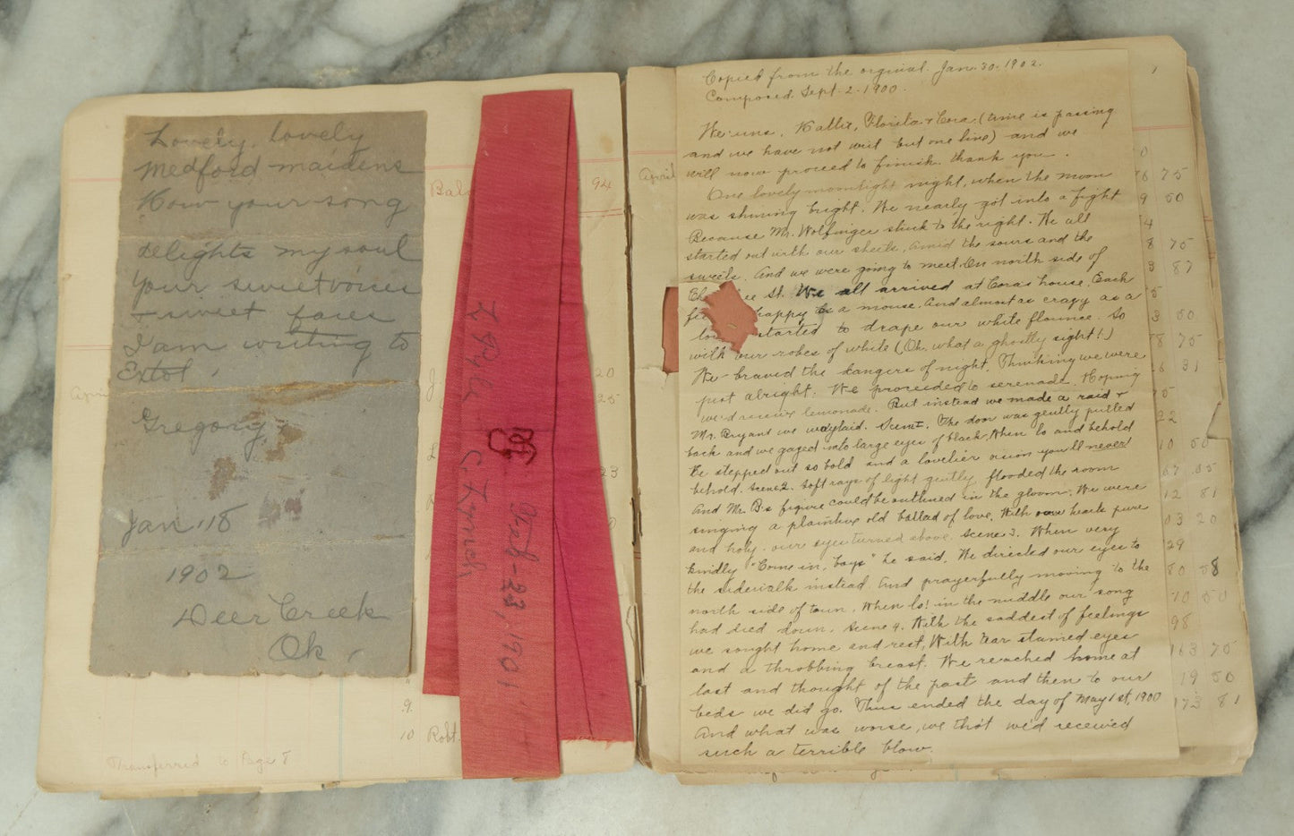 Lot 098 - Antique Victorian Scrapbook With Unique Pieces Including Letters, Theater And Event Programs, A Small Wire Doll, Flora, And More, As Found