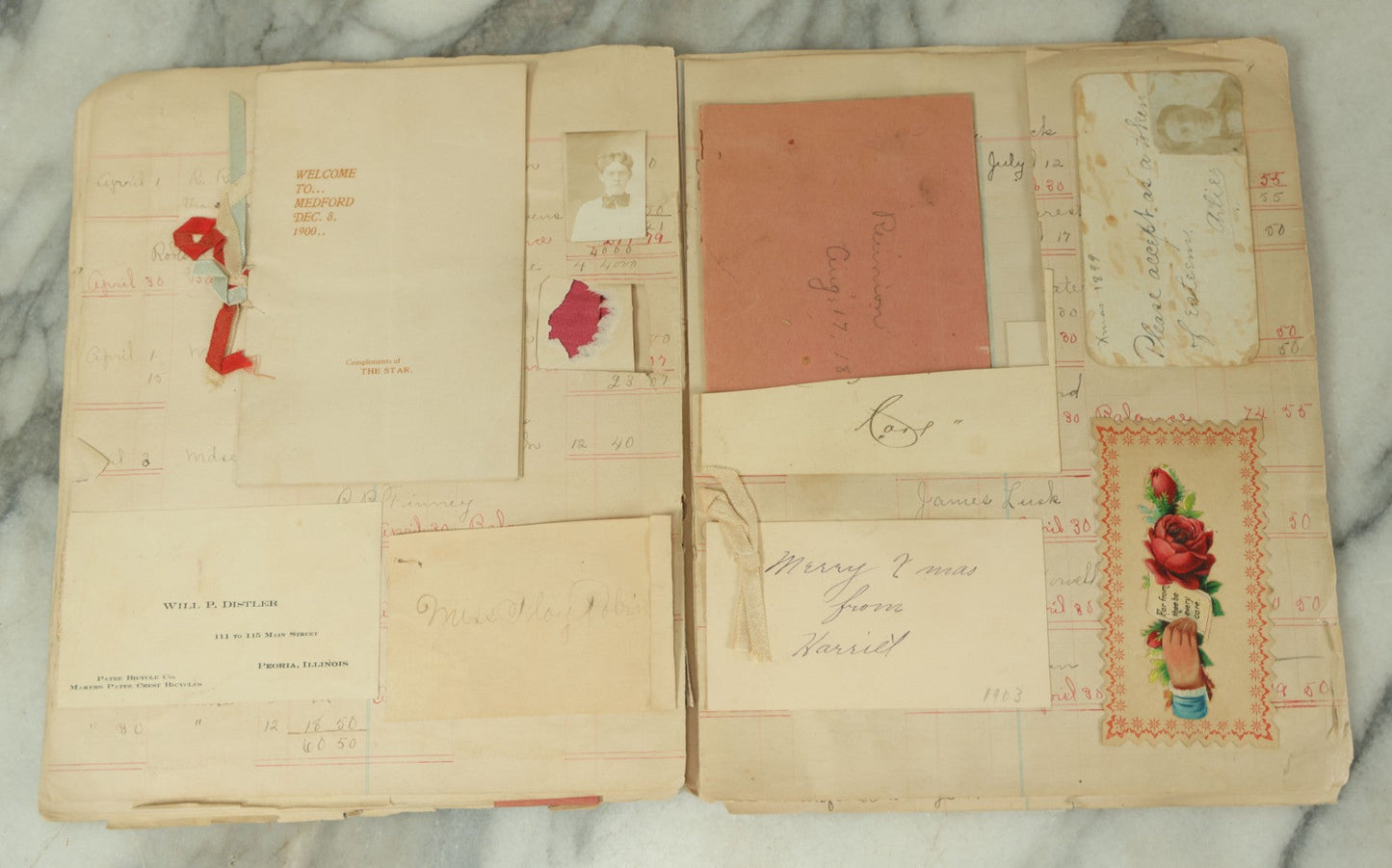 Lot 098 - Antique Victorian Scrapbook With Unique Pieces Including Letters, Theater And Event Programs, A Small Wire Doll, Flora, And More, As Found