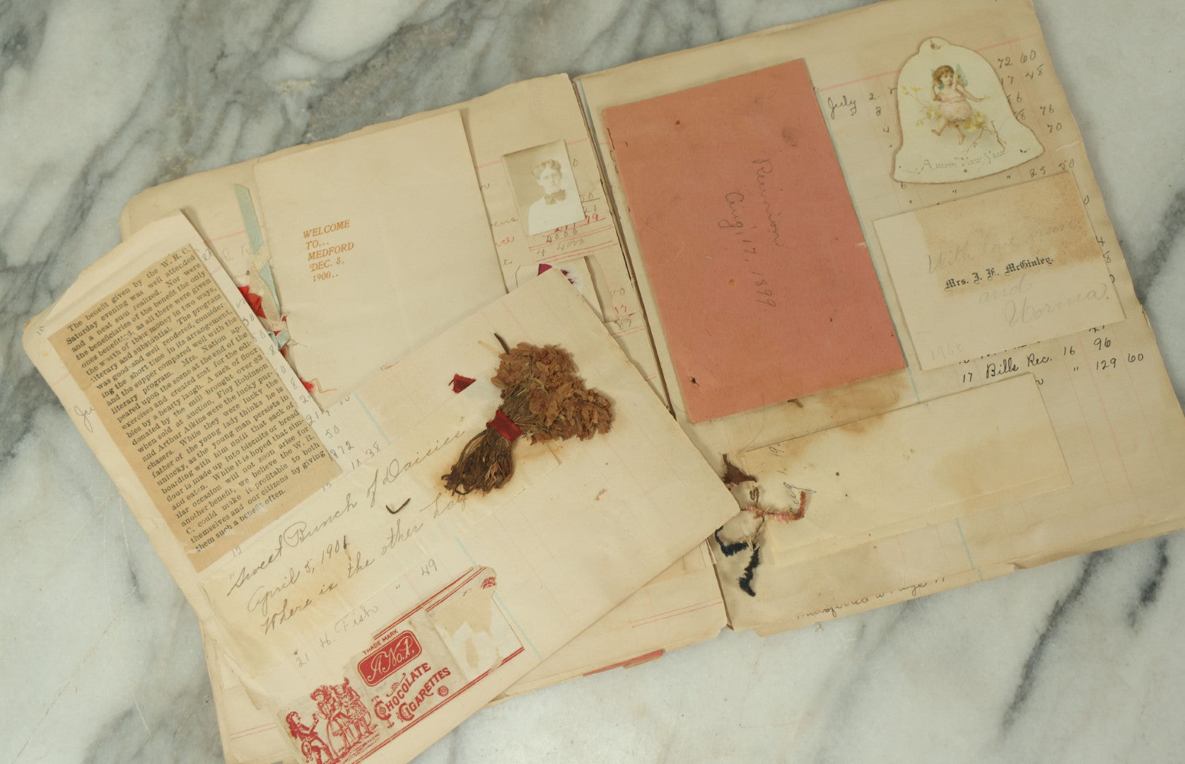Lot 098 - Antique Victorian Scrapbook With Unique Pieces Including Letters, Theater And Event Programs, A Small Wire Doll, Flora, And More, As Found