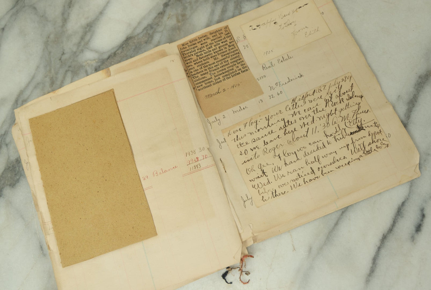 Lot 098 - Antique Victorian Scrapbook With Unique Pieces Including Letters, Theater And Event Programs, A Small Wire Doll, Flora, And More, As Found