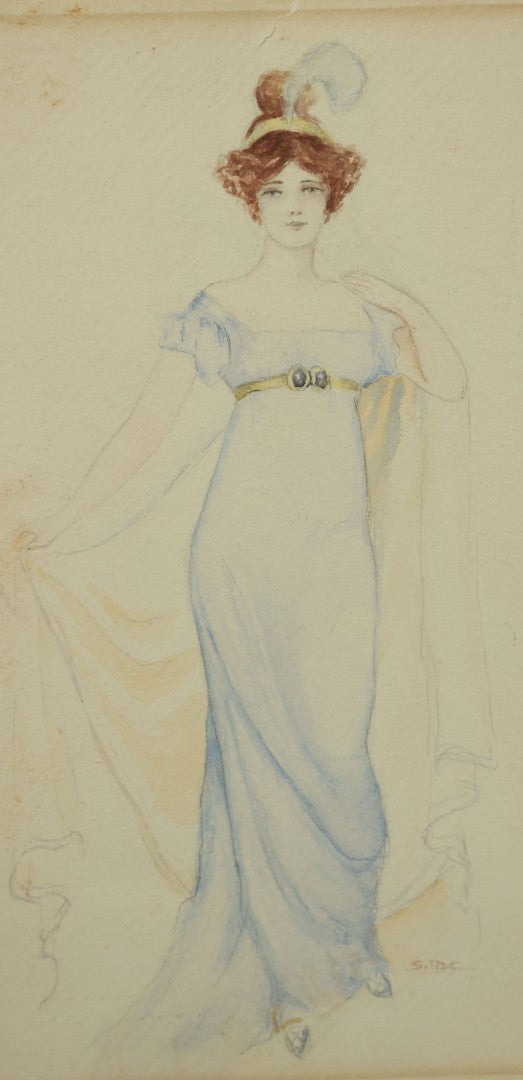 Lot 101 - Unframed Antique Watercolor Painting On Paper Of A Pretty Woman With A Feather Headband, Blue Dress, Artist Signed
