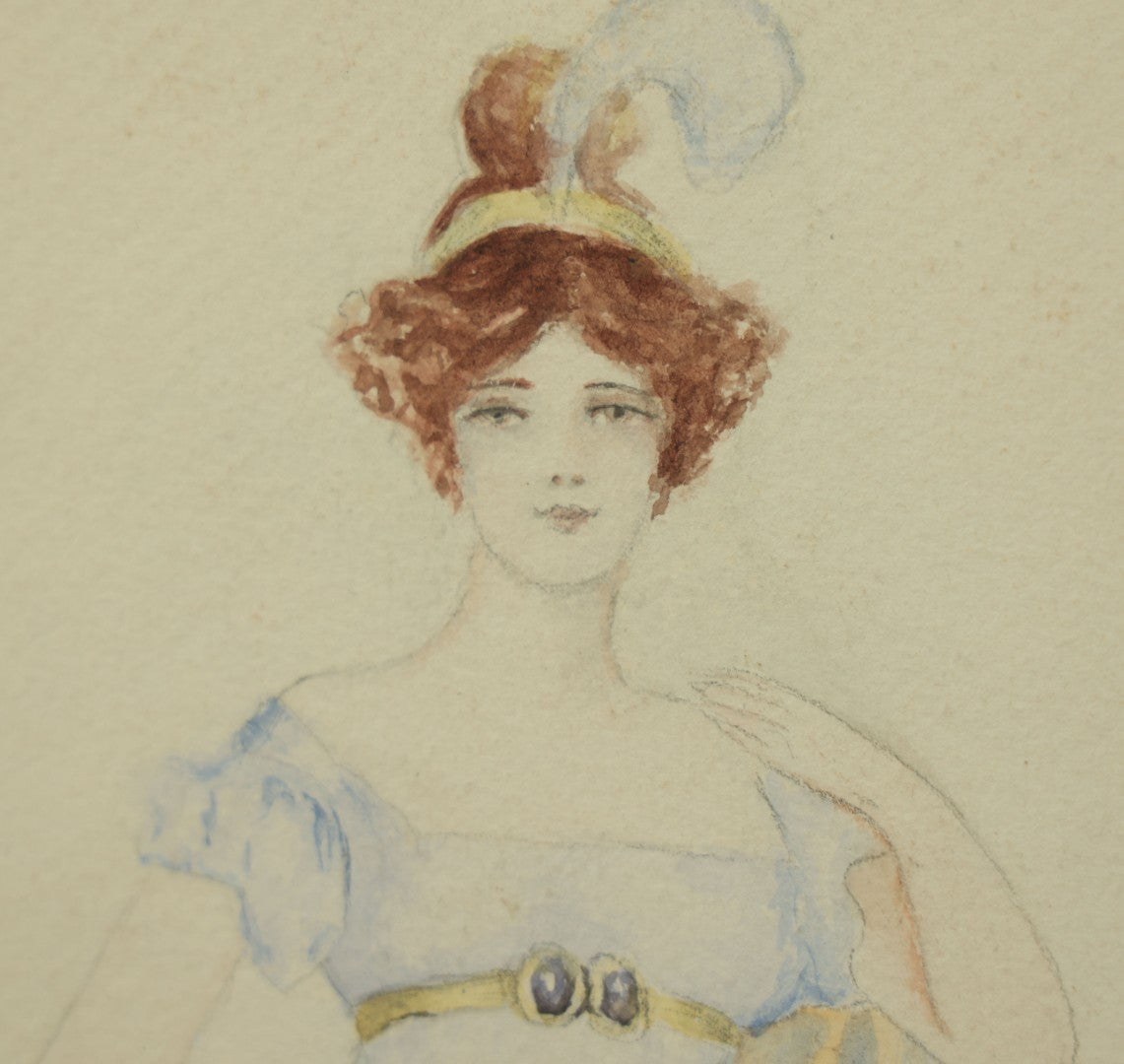 Lot 101 - Unframed Antique Watercolor Painting On Paper Of A Pretty Woman With A Feather Headband, Blue Dress, Artist Signed