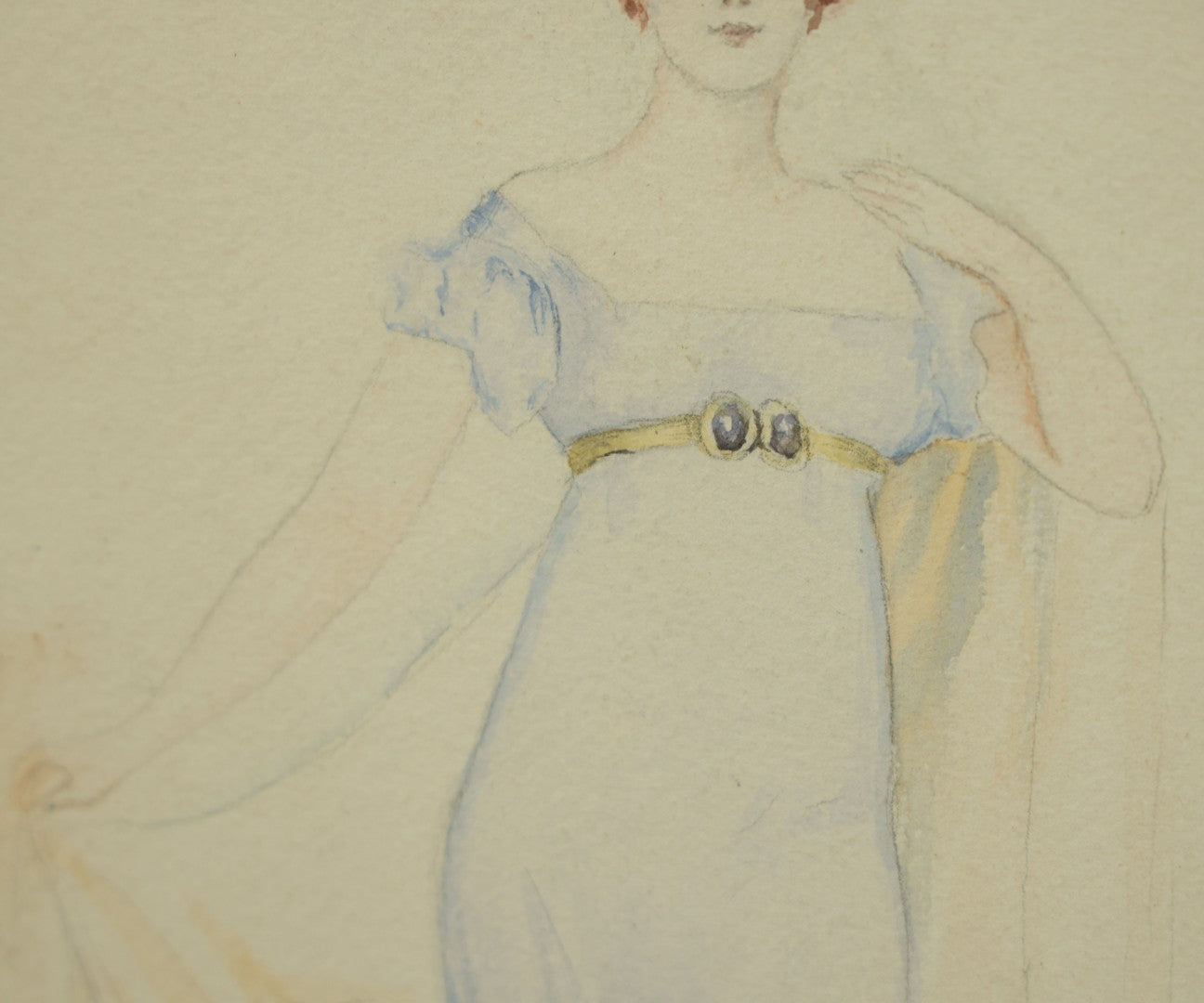 Lot 101 - Unframed Antique Watercolor Painting On Paper Of A Pretty Woman With A Feather Headband, Blue Dress, Artist Signed