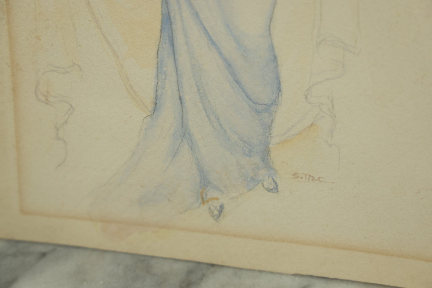 Lot 101 - Unframed Antique Watercolor Painting On Paper Of A Pretty Woman With A Feather Headband, Blue Dress, Artist Signed