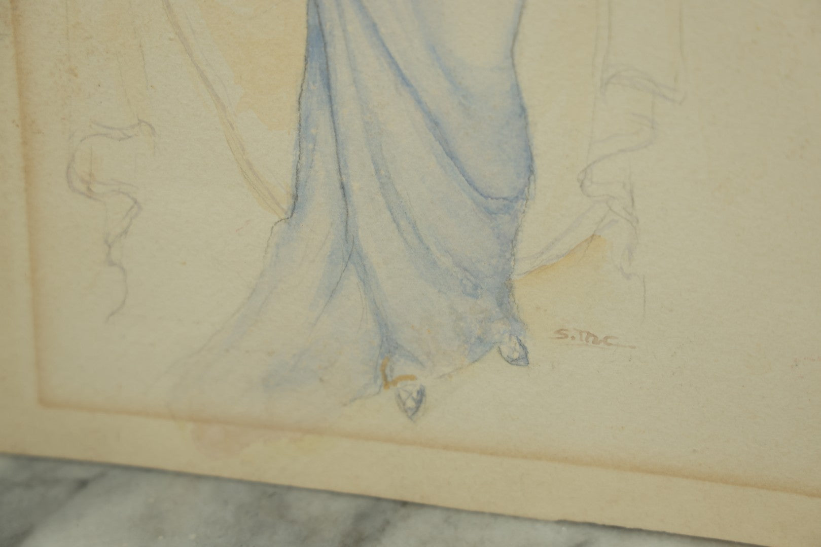 Lot 101 - Unframed Antique Watercolor Painting On Paper Of A Pretty Woman With A Feather Headband, Blue Dress, Artist Signed