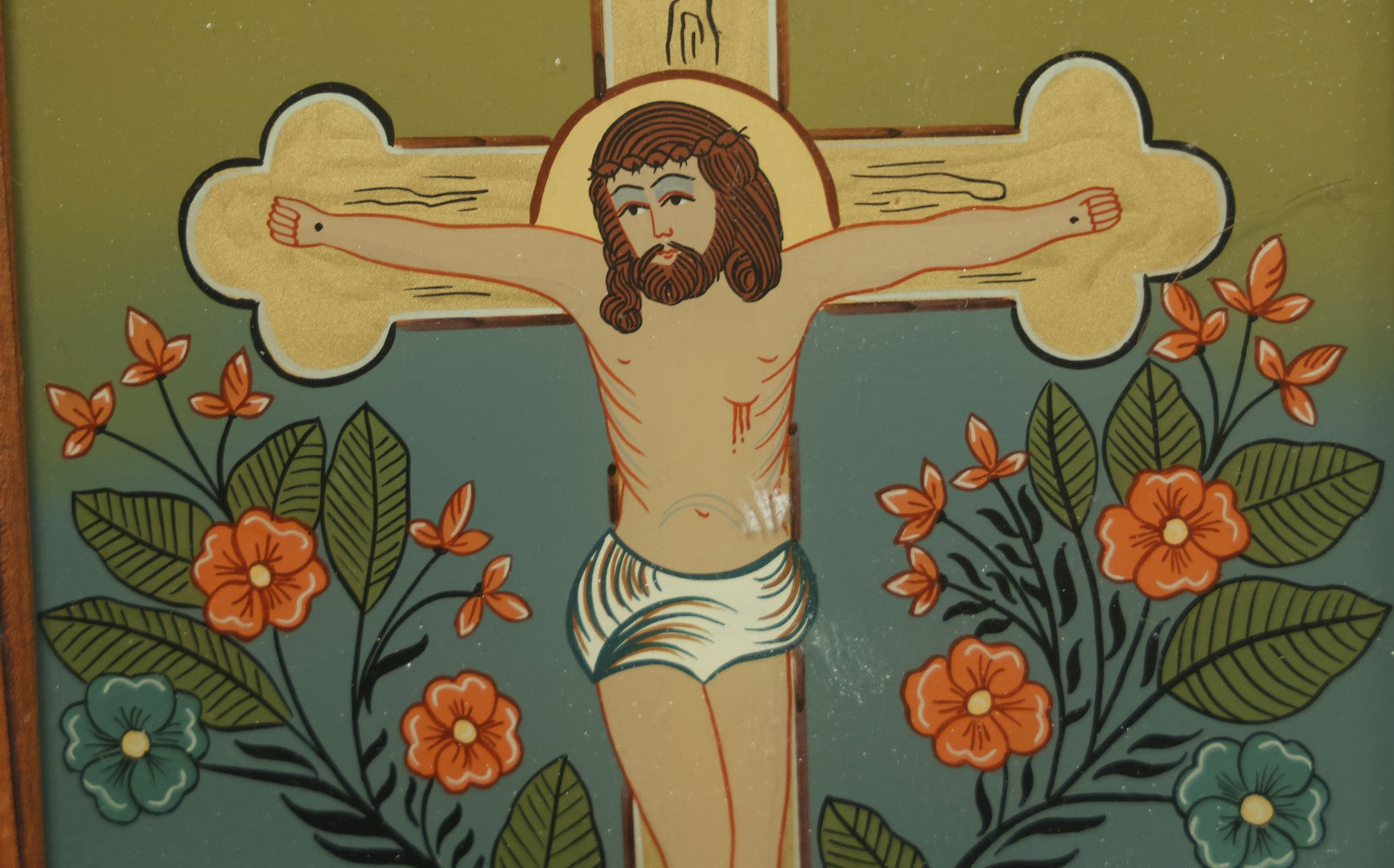 Lot 102 - Vintage German / Austrian Reverse Glass "Hinterglasmalerei" Religious Painting Of Christ On The Cross, "Gott Segne Dieses Haus" ("God Bless This House"), Recommended By The Carinthian Heritage Association  , 6-1/2" x 8-1/2"