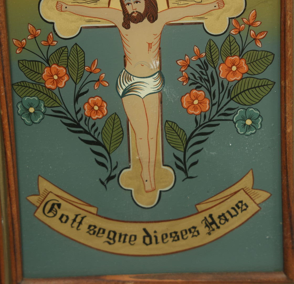 Lot 102 - Vintage German / Austrian Reverse Glass "Hinterglasmalerei" Religious Painting Of Christ On The Cross, "Gott Segne Dieses Haus" ("God Bless This House"), Recommended By The Carinthian Heritage Association  , 6-1/2" x 8-1/2"