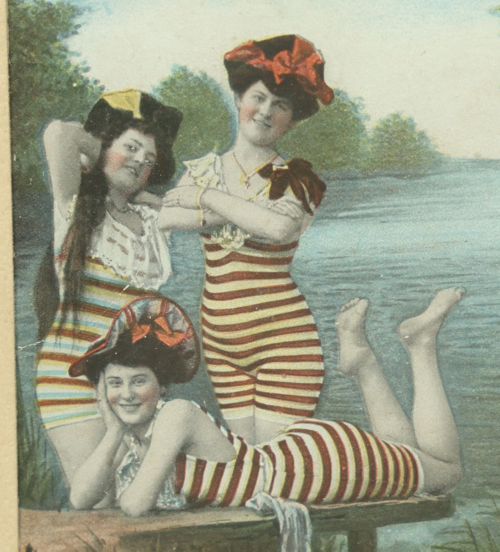 Lot 103 - Antique Postcard Of Women In Their Striped Swimsuits In Vintage Custom "Cardtique" Frame, 6" x 8"