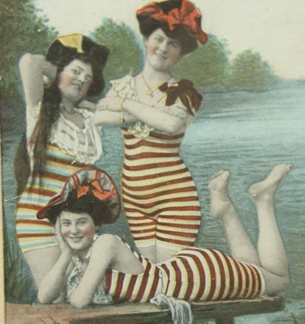 Lot 103 - Antique Postcard Of Women In Their Striped Swimsuits In Vintage Custom "Cardtique" Frame, 6" x 8"