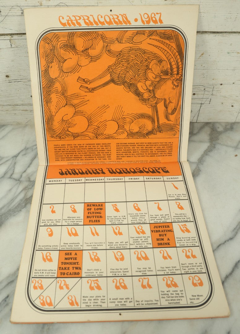 Lot 104 - The Unofficial Horoscope 1967 Calendar, Fully Expurgated And Unauthorized, Vintage Calendar, Copyright 1966 By Jim Critchfield And Jerry Hopkins, Illustrated By Frank Page, Published By Price/Stern/Sloan Publishers Inc.