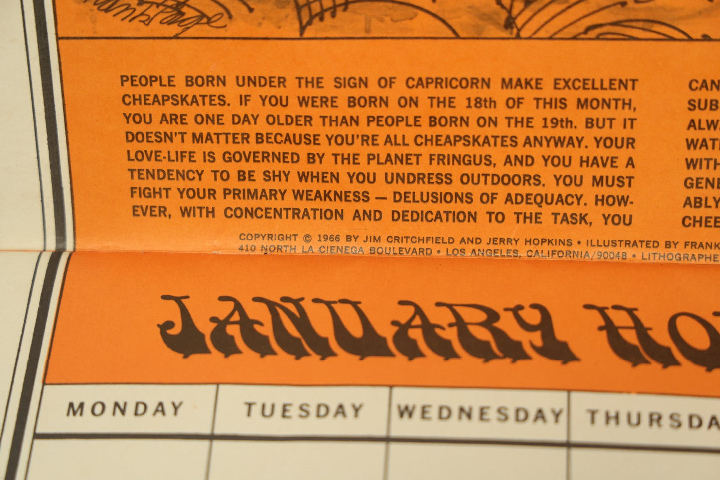 Lot 104 - The Unofficial Horoscope 1967 Calendar, Fully Expurgated And Unauthorized, Vintage Calendar, Copyright 1966 By Jim Critchfield And Jerry Hopkins, Illustrated By Frank Page, Published By Price/Stern/Sloan Publishers Inc.