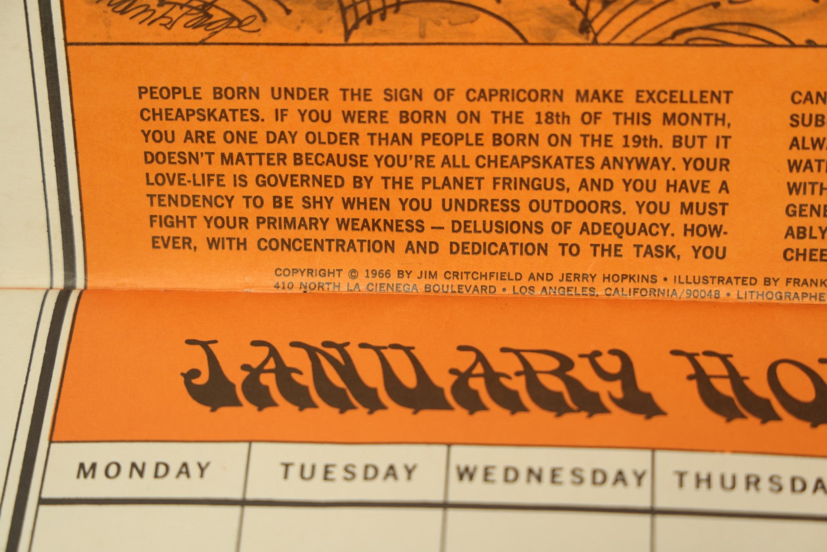 Lot 104 - The Unofficial Horoscope 1967 Calendar, Fully Expurgated And Unauthorized, Vintage Calendar, Copyright 1966 By Jim Critchfield And Jerry Hopkins, Illustrated By Frank Page, Published By Price/Stern/Sloan Publishers Inc.