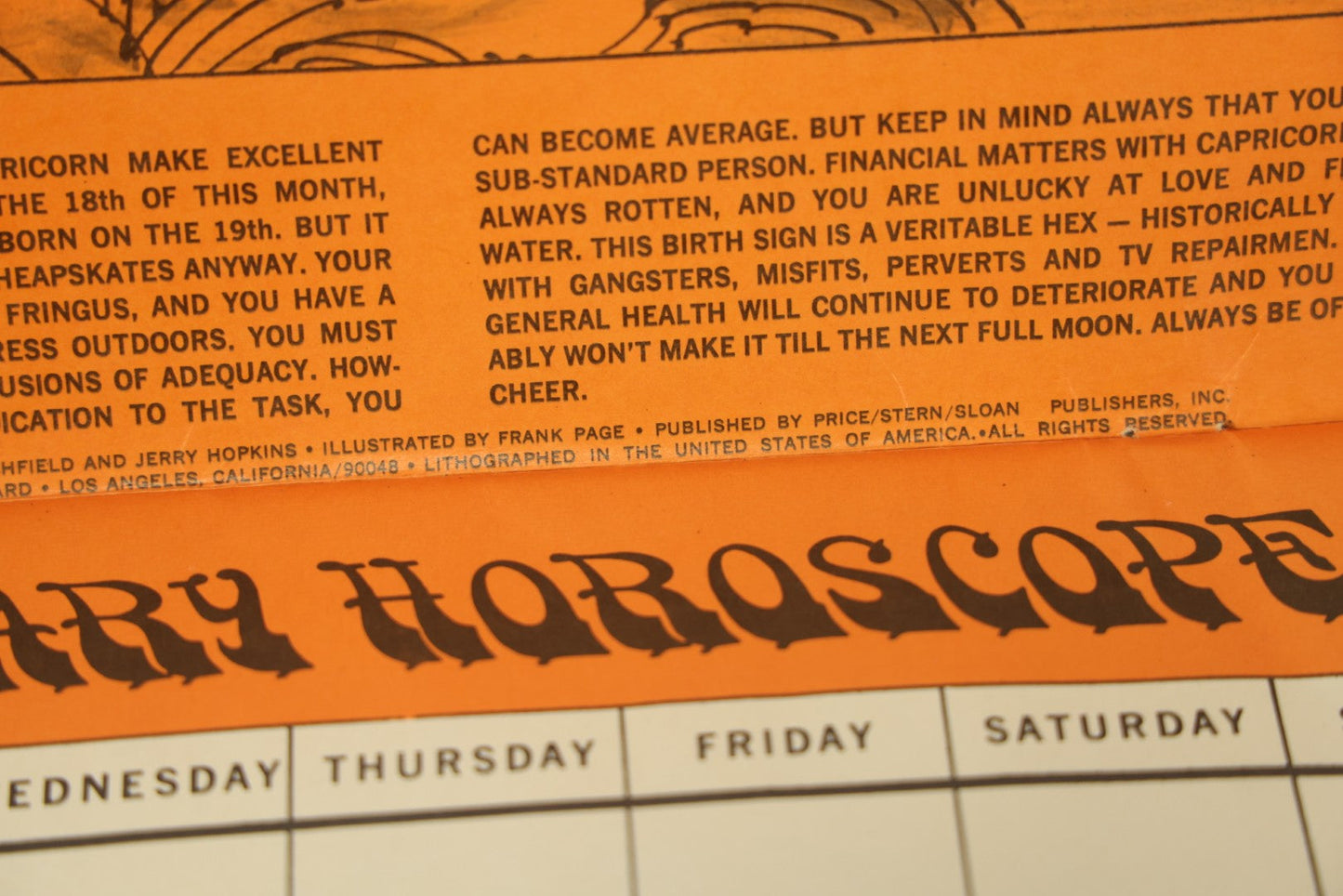 Lot 104 - The Unofficial Horoscope 1967 Calendar, Fully Expurgated And Unauthorized, Vintage Calendar, Copyright 1966 By Jim Critchfield And Jerry Hopkins, Illustrated By Frank Page, Published By Price/Stern/Sloan Publishers Inc.