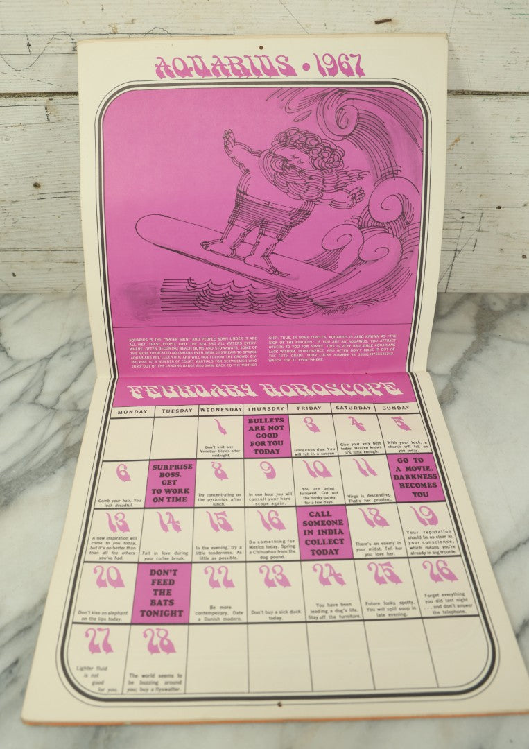 Lot 104 - The Unofficial Horoscope 1967 Calendar, Fully Expurgated And Unauthorized, Vintage Calendar, Copyright 1966 By Jim Critchfield And Jerry Hopkins, Illustrated By Frank Page, Published By Price/Stern/Sloan Publishers Inc.