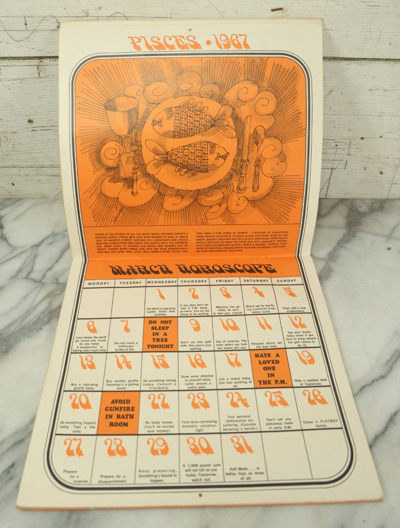 Lot 104 - The Unofficial Horoscope 1967 Calendar, Fully Expurgated And Unauthorized, Vintage Calendar, Copyright 1966 By Jim Critchfield And Jerry Hopkins, Illustrated By Frank Page, Published By Price/Stern/Sloan Publishers Inc.