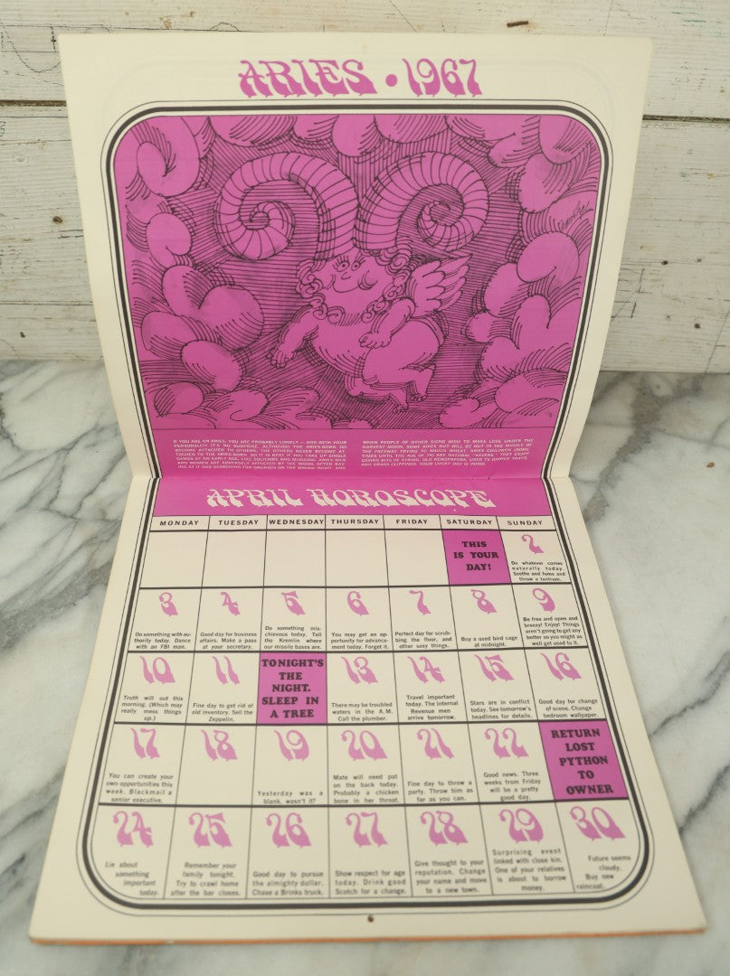 Lot 104 - The Unofficial Horoscope 1967 Calendar, Fully Expurgated And Unauthorized, Vintage Calendar, Copyright 1966 By Jim Critchfield And Jerry Hopkins, Illustrated By Frank Page, Published By Price/Stern/Sloan Publishers Inc.