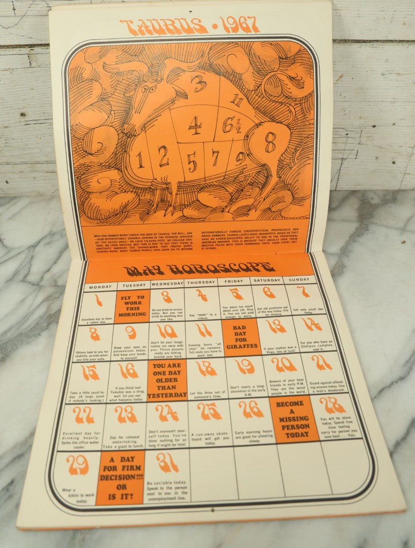 Lot 104 - The Unofficial Horoscope 1967 Calendar, Fully Expurgated And Unauthorized, Vintage Calendar, Copyright 1966 By Jim Critchfield And Jerry Hopkins, Illustrated By Frank Page, Published By Price/Stern/Sloan Publishers Inc.