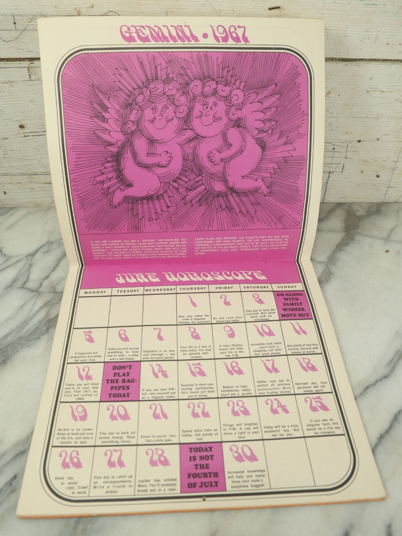 Lot 104 - The Unofficial Horoscope 1967 Calendar, Fully Expurgated And Unauthorized, Vintage Calendar, Copyright 1966 By Jim Critchfield And Jerry Hopkins, Illustrated By Frank Page, Published By Price/Stern/Sloan Publishers Inc.