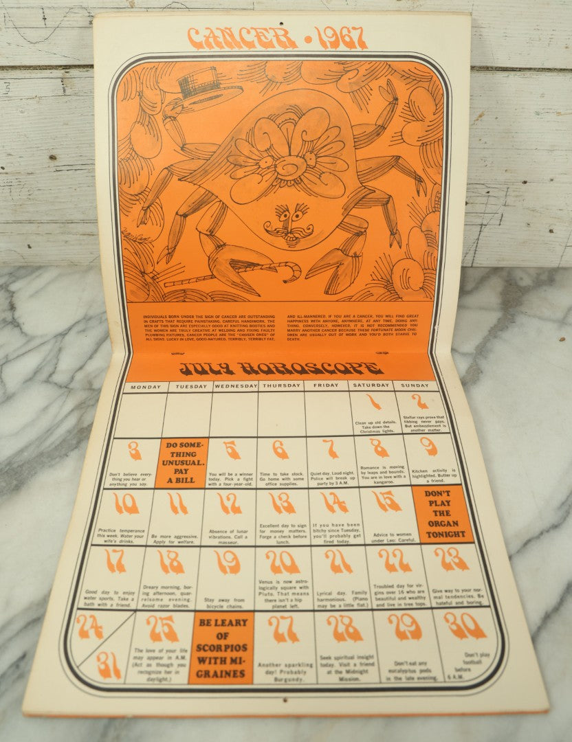 Lot 104 - The Unofficial Horoscope 1967 Calendar, Fully Expurgated And Unauthorized, Vintage Calendar, Copyright 1966 By Jim Critchfield And Jerry Hopkins, Illustrated By Frank Page, Published By Price/Stern/Sloan Publishers Inc.