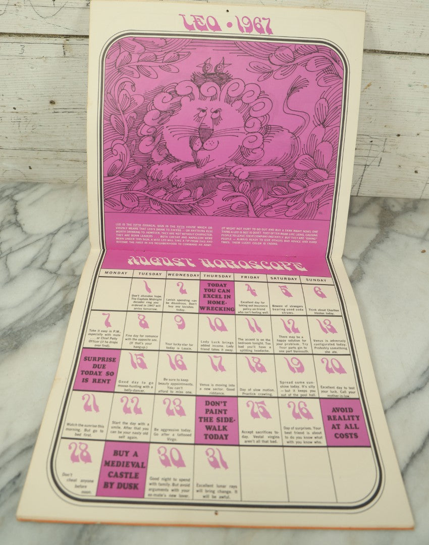 Lot 104 - The Unofficial Horoscope 1967 Calendar, Fully Expurgated And Unauthorized, Vintage Calendar, Copyright 1966 By Jim Critchfield And Jerry Hopkins, Illustrated By Frank Page, Published By Price/Stern/Sloan Publishers Inc.