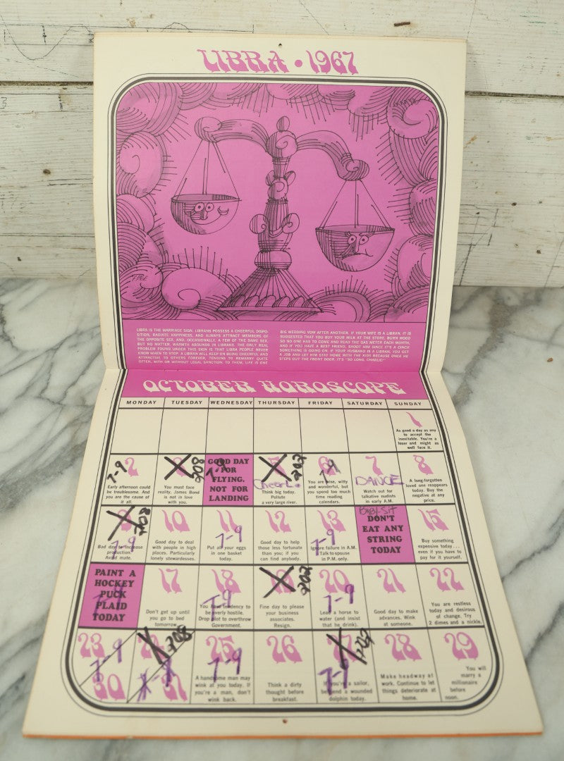 Lot 104 - The Unofficial Horoscope 1967 Calendar, Fully Expurgated And Unauthorized, Vintage Calendar, Copyright 1966 By Jim Critchfield And Jerry Hopkins, Illustrated By Frank Page, Published By Price/Stern/Sloan Publishers Inc.