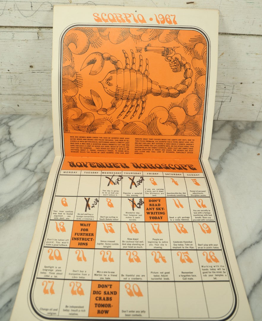 Lot 104 - The Unofficial Horoscope 1967 Calendar, Fully Expurgated And Unauthorized, Vintage Calendar, Copyright 1966 By Jim Critchfield And Jerry Hopkins, Illustrated By Frank Page, Published By Price/Stern/Sloan Publishers Inc.