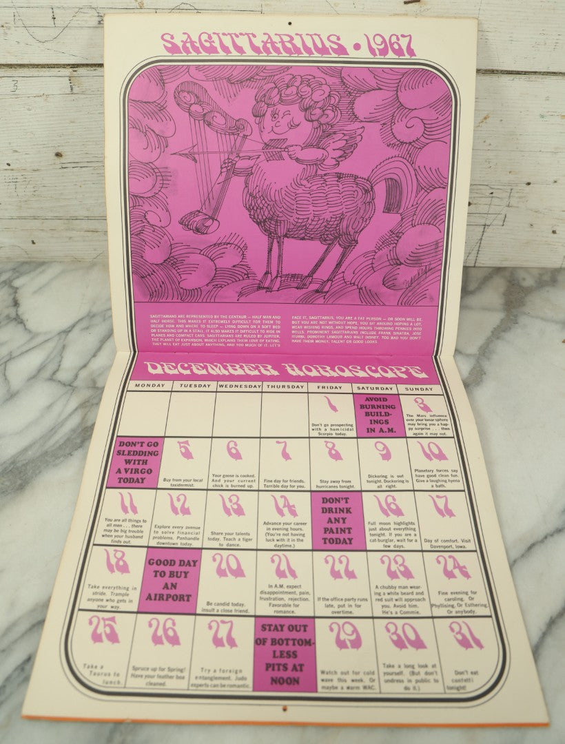 Lot 104 - The Unofficial Horoscope 1967 Calendar, Fully Expurgated And Unauthorized, Vintage Calendar, Copyright 1966 By Jim Critchfield And Jerry Hopkins, Illustrated By Frank Page, Published By Price/Stern/Sloan Publishers Inc.