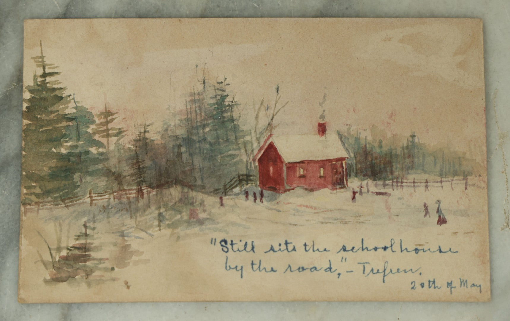 Lot 108 - Pair Of Antique Hand Painted Watercolor Landscape Postcards Of A Small Red House In The Woods, One With Bird Painted On Back, Both Postmarked 1911