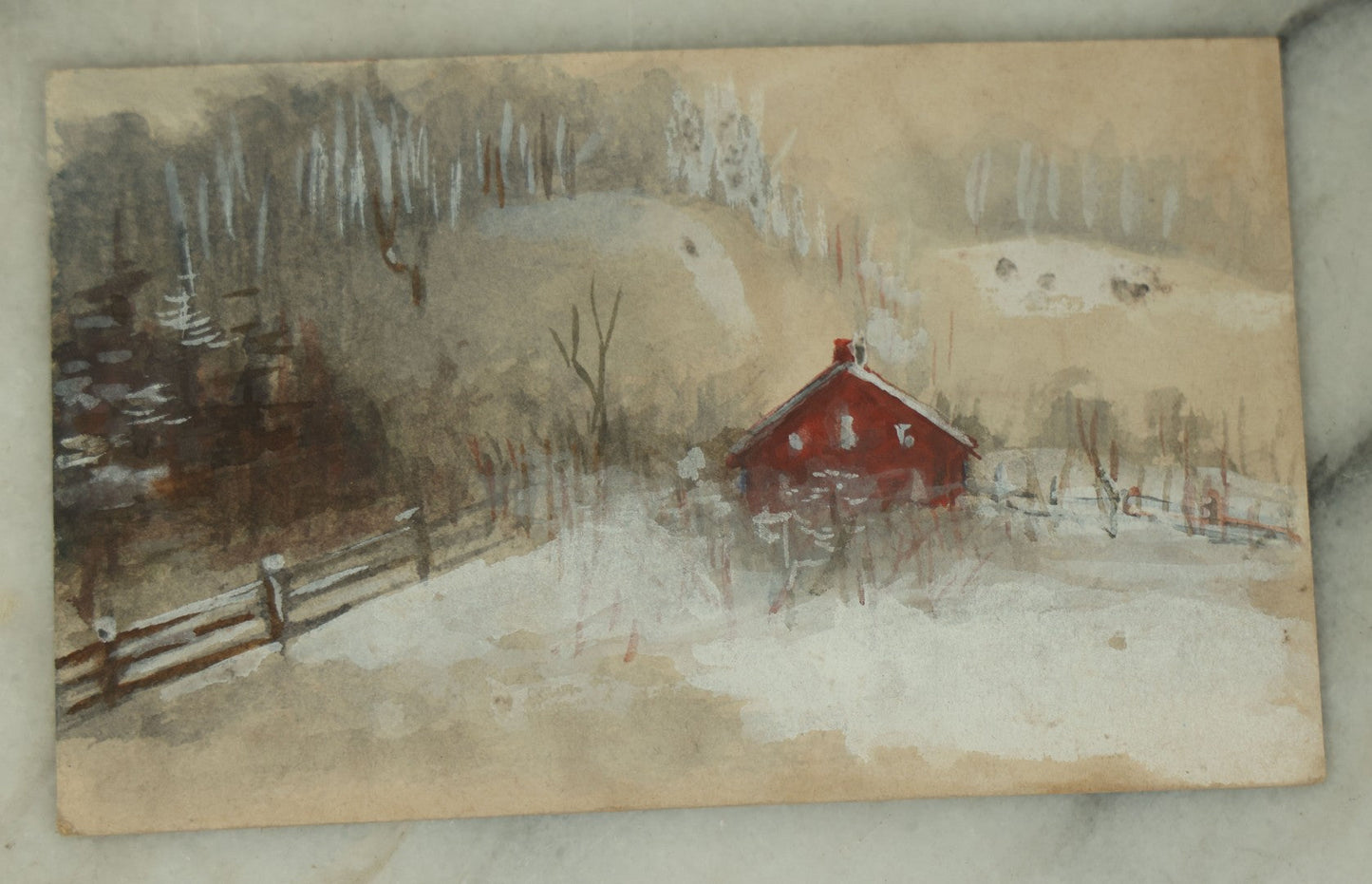 Lot 108 - Pair Of Antique Hand Painted Watercolor Landscape Postcards Of A Small Red House In The Woods, One With Bird Painted On Back, Both Postmarked 1911