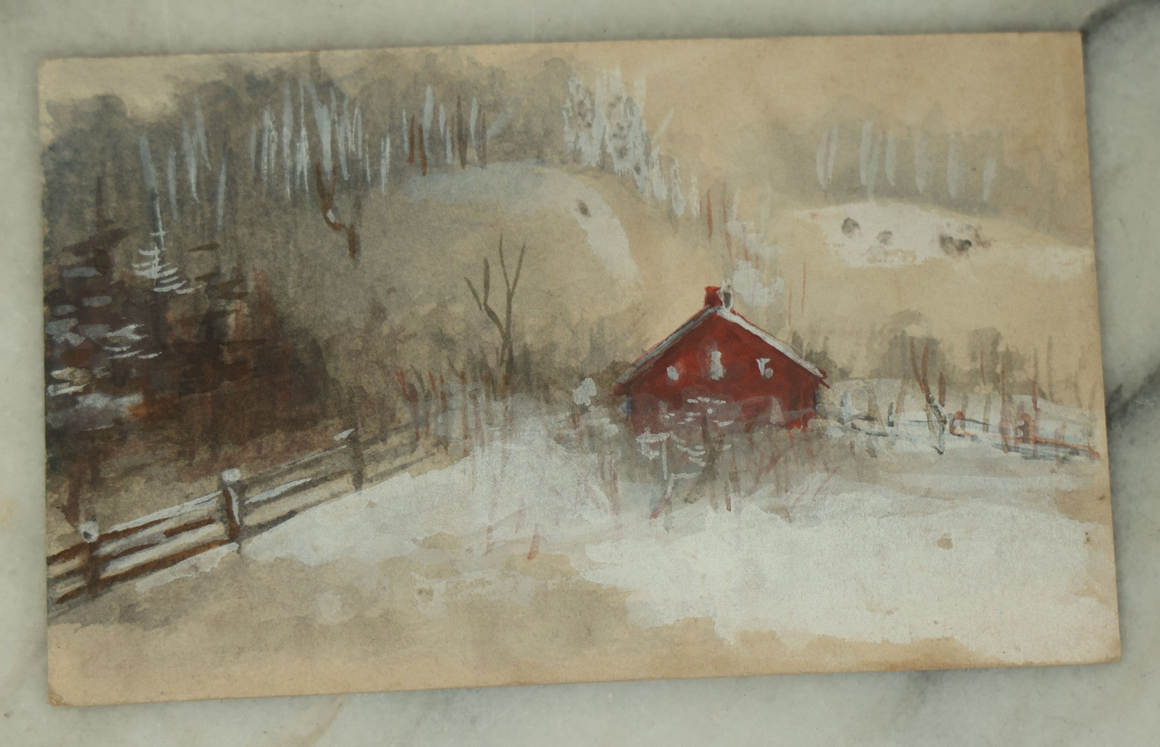 Lot 108 - Pair Of Antique Hand Painted Watercolor Landscape Postcards Of A Small Red House In The Woods, One With Bird Painted On Back, Both Postmarked 1911
